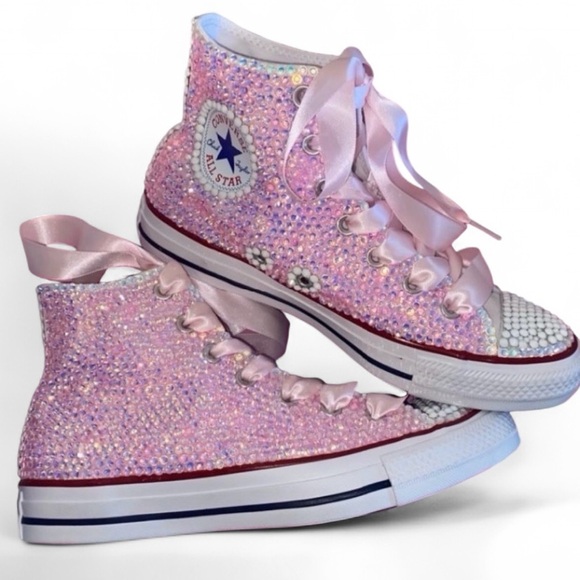 Luminous Pink & Crystal High Top Converse Sizes 5-14 New In Box With Ribbon Lace - Picture 2 of 13